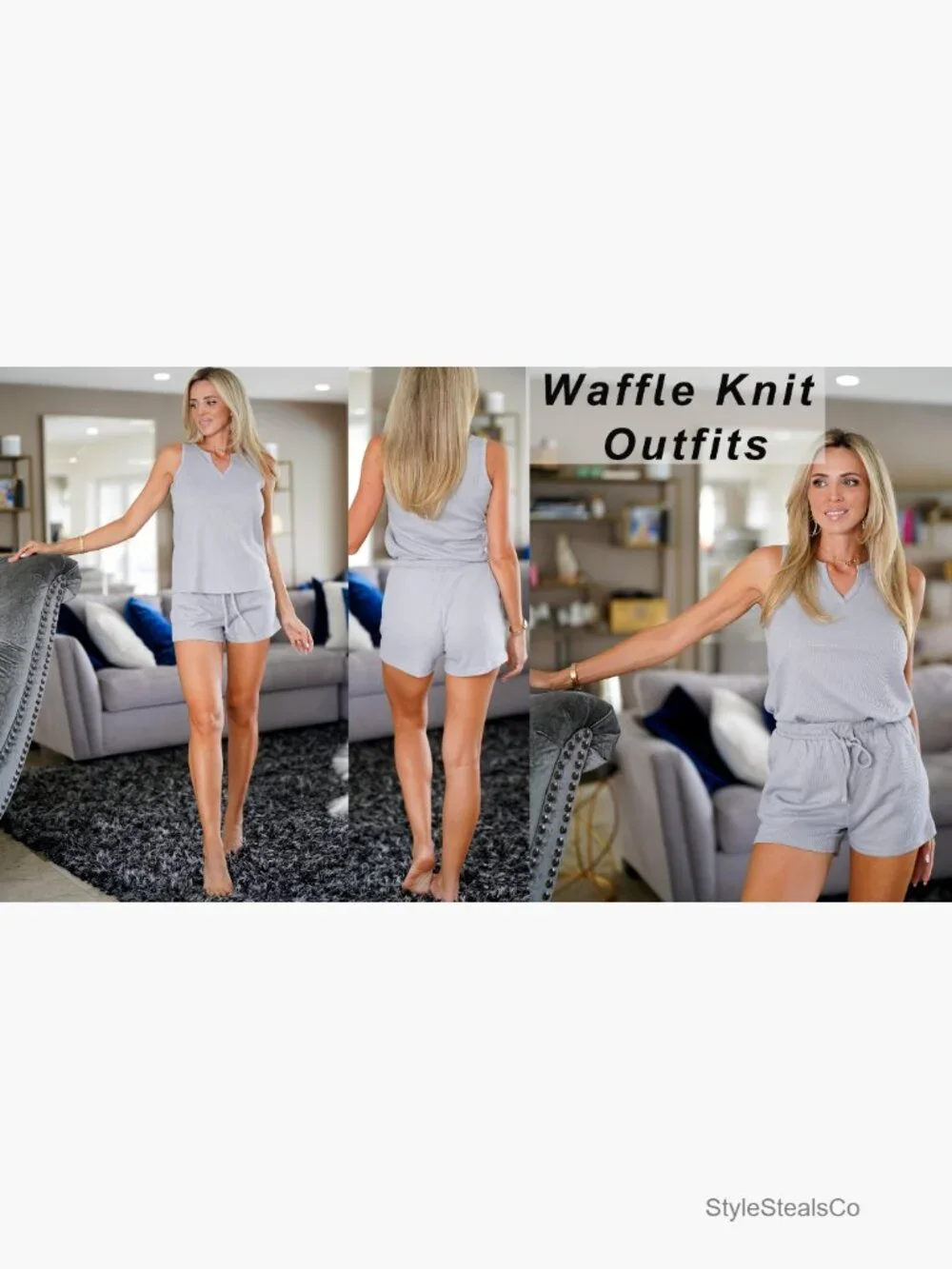 Waffle Knit Tank Top Lounge Short Set with Pockets 2 Piece Matching Outfit